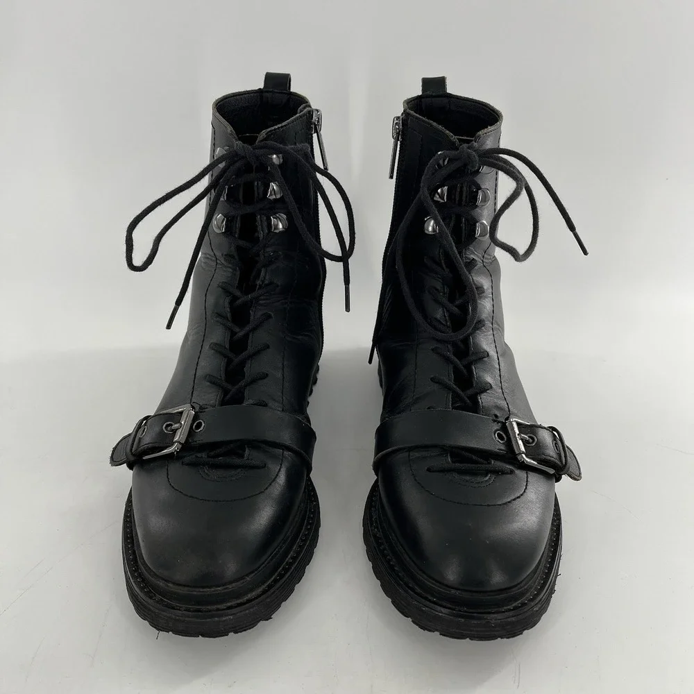 Franco Sarto Booties Ankle Boot Block Heel‎ Buckle Lace Zip Moto Black 8.5 Goth